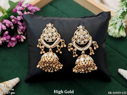 Stone-Studded Jhumka Earrings in White, photo 2 of 3