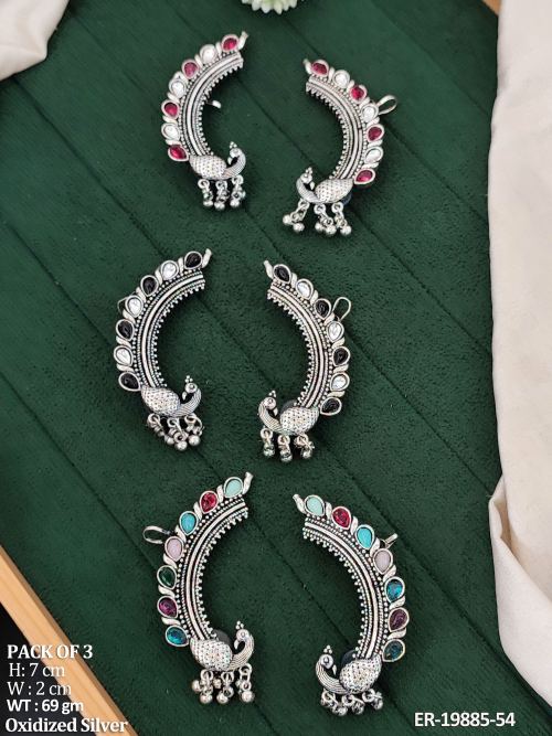 Stone-Studded Peacock Ear Cuff Earrings in Oxidised Finish, photo 2 of 3