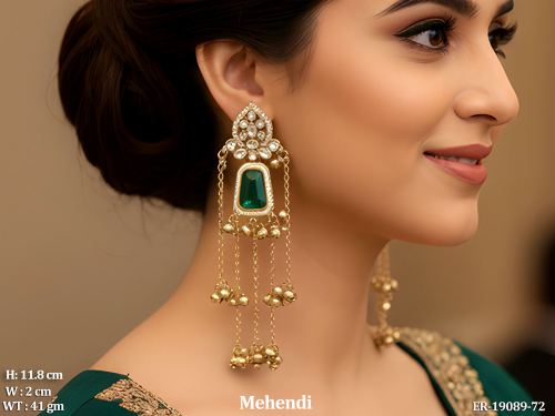 Long Stone-Studded Chain Earrings with Small Bells in Mehendi Finish in Rama Green, photo 4 of 12