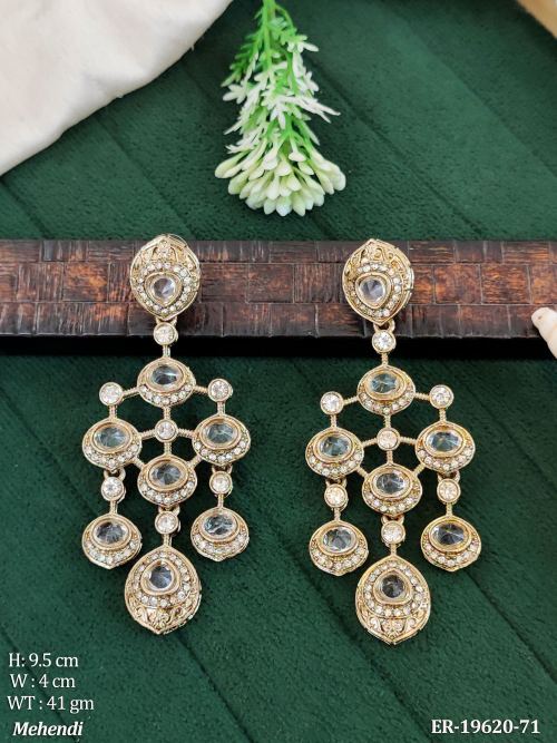 Long Antique Earrings with Stone Work in Mehendi Finish in White, photo 9 of 9