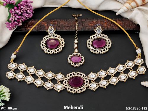 Mehendi Finish Antique Stone-Studded Necklace Set for Women