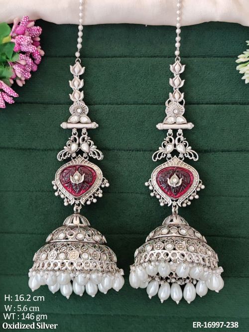 Oxidised Pearl Jhumka Earrings with Ear Chains in Ruby, photo 2 of 5