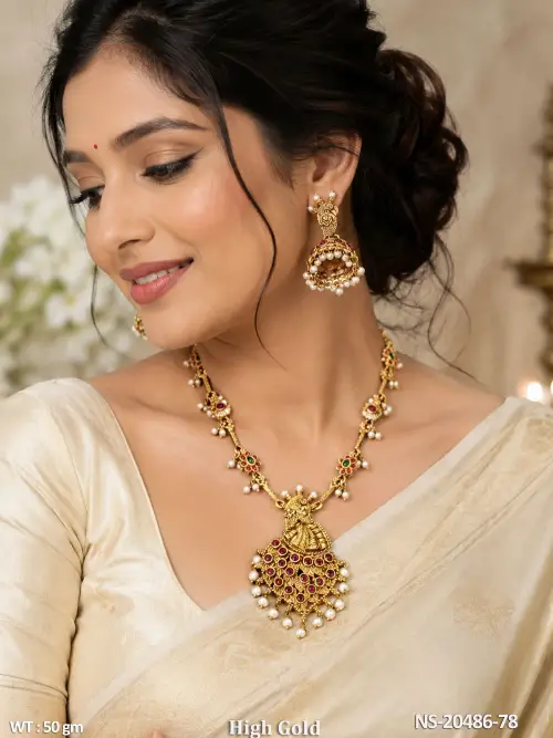 Traditional Temple Necklace Set with Peacock Design
