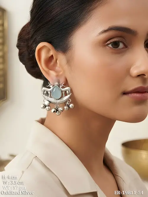 Deer Motif Oxidised Finish Stone-Studded Earrings Set of 3