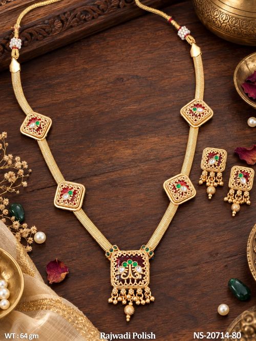 Classic Stone-Studded Necklace Set with Earrings in Rajwadi Finish in Ruby, photo 4 of 5