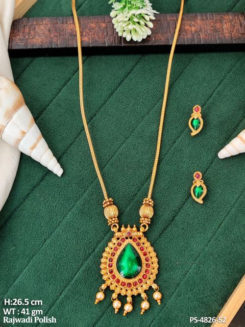 Stone-Studded Antique Pendant Set with Earrings for Women