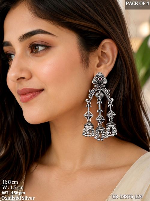 Oxidised Finish Stone-Studded Jhumkas Set of 4