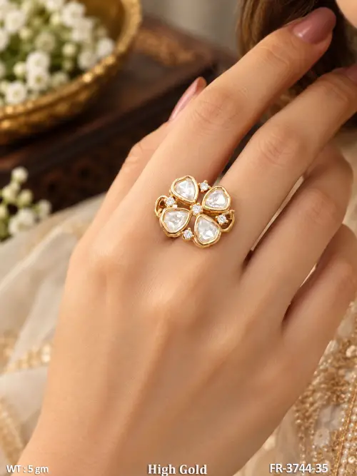 Stone-Studded Floral Finger Ring