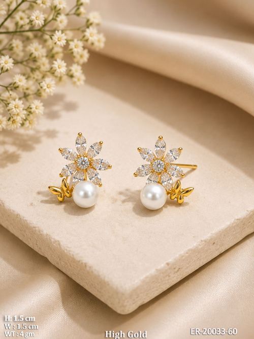 Elegant High Gold Flower Pearl Stud Earrings