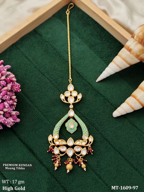 Kundan Maang Tikka with Stone Work in Mint Green, photo 5 of 6