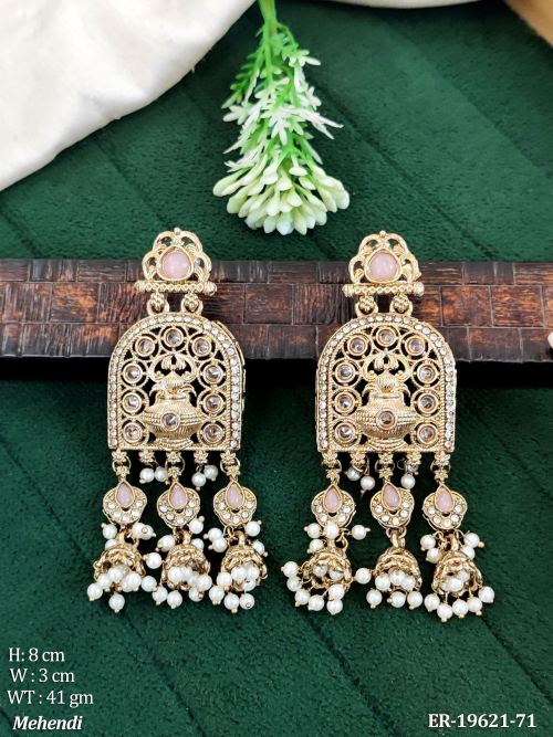 Traditional Stone-Studded Jhumka Earrings in Mehendi Finish in Pink, photo 3 of 14