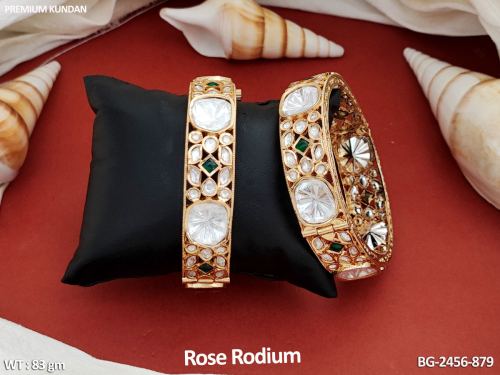 Kundan Bangles in Rose Finish for Women Set of 2 in Green / 2 X 6, photo 3 of 6