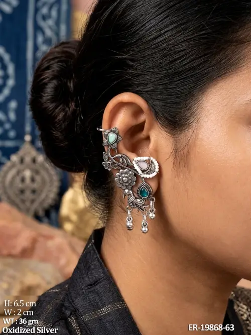 Stone-Studded Floral Vine Ear Cuff Earrings Set of 3