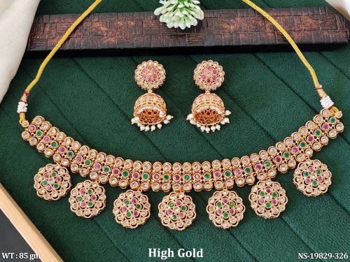 Stone-Studded Ethnic Necklace Set with Earrings for Women in Ruby Green, photo 2 of 5