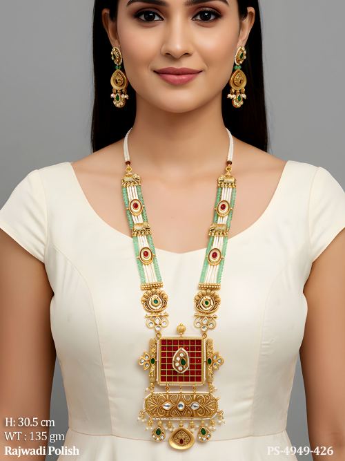 Rajwadi Polish Antique Long Necklace Set with Full Stones