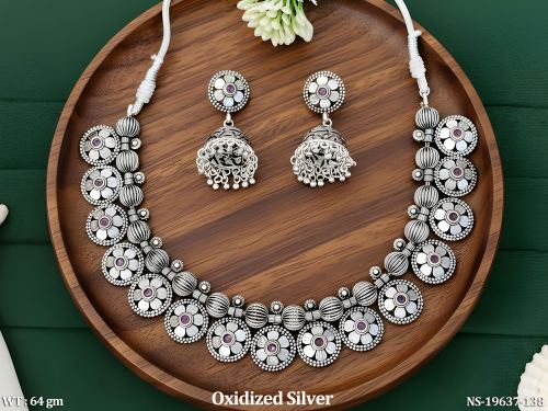 Stone-Studded Floral Necklace Set in Oxidised Finish