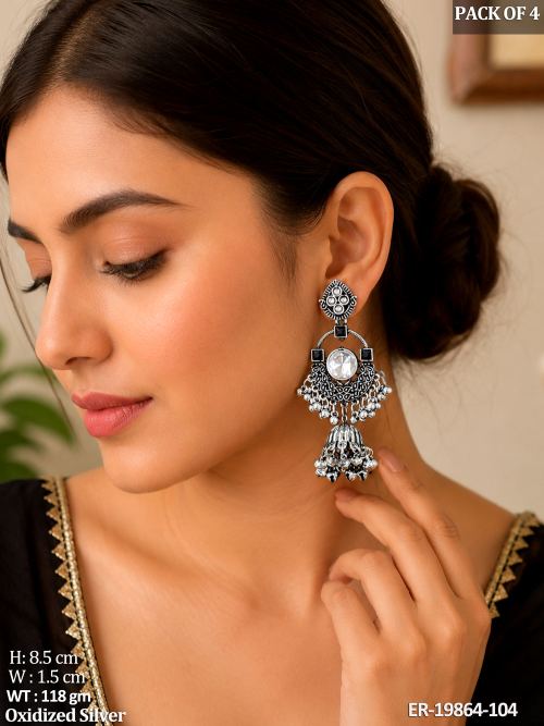 Stone-Studded Jhumka Earrings in Oxidised Finish Set of 4
