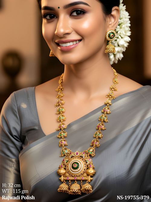 Traditional Stone-Studded Necklace Set with Earrings in Rajwadi Finish