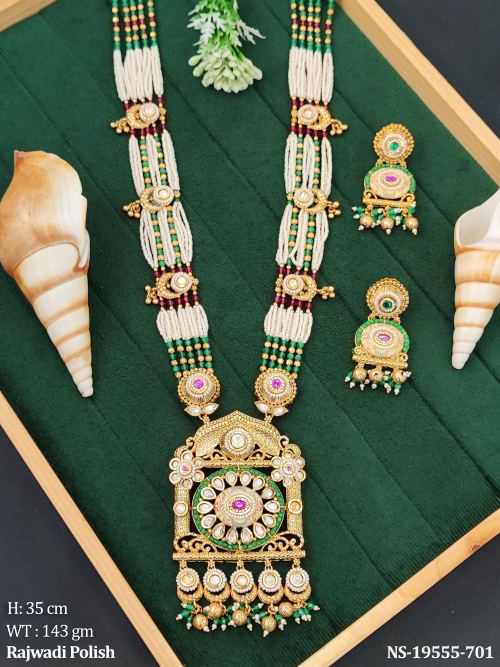 Kundan Long Necklace Set in Rajwadi Finish for Women in Ruby Green, photo 3 of 4