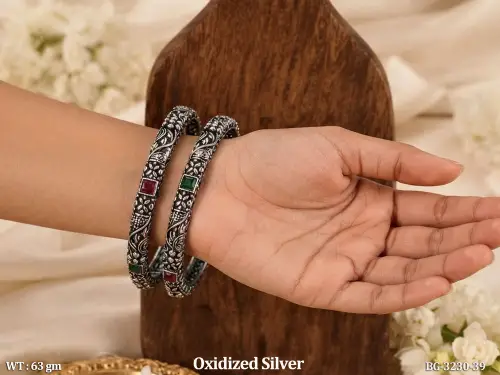 Antique Oxidized Silver Fancy Bangle Set with Stone Work