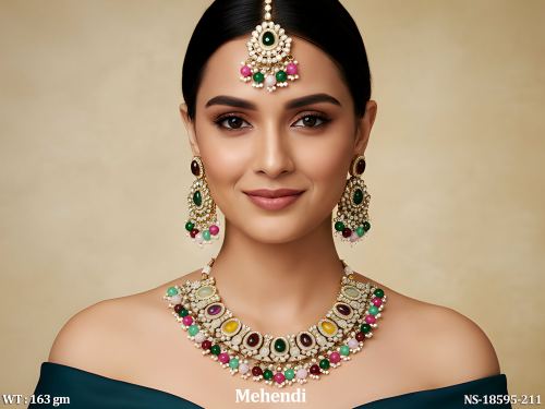 Kundan Pearl Necklace Set in Mehendi Finish