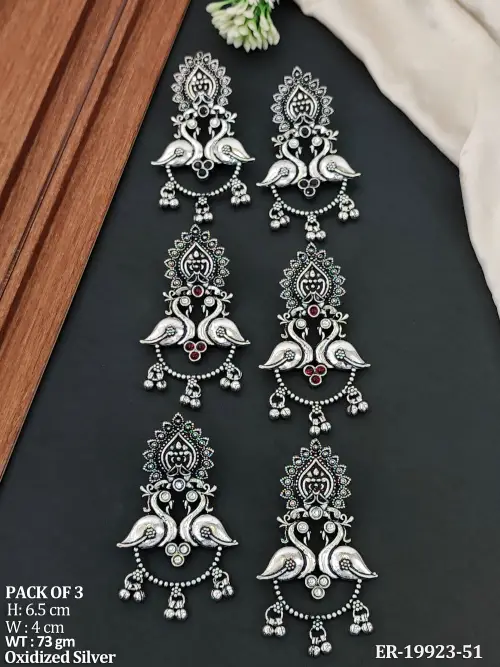Statement Stone-Studded Earrings in Oxidised Finish