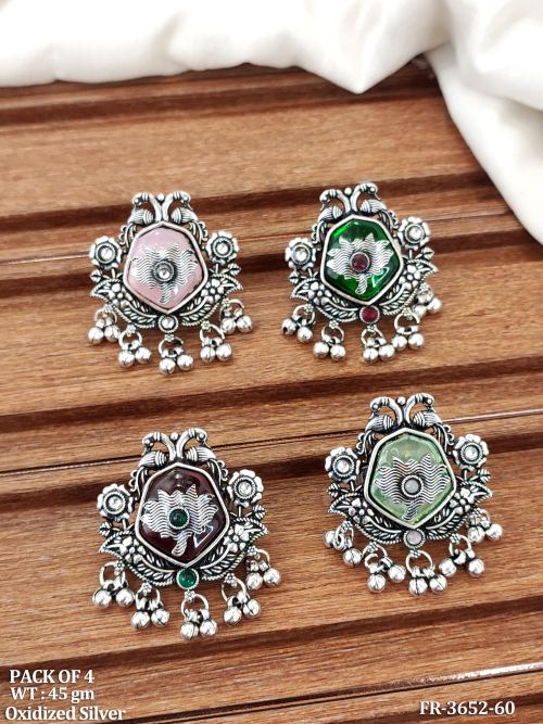 Oxidized Silver Designer Stud Finger Rings Combo Pack of 4