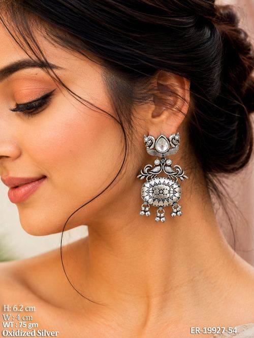 Stone-Studded Peacock Drop Earrings in Oxidised Finish, photo 2 of 3