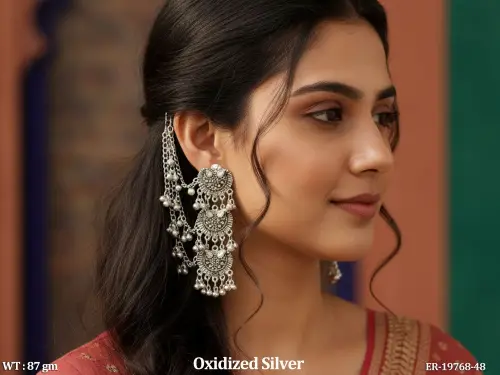 Long Drop Earrings in Oxidised Finish for Women