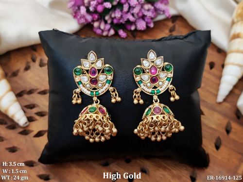 Stone-Studded Antique Jhumkas for Women in Ruby Green, photo 3 of 5