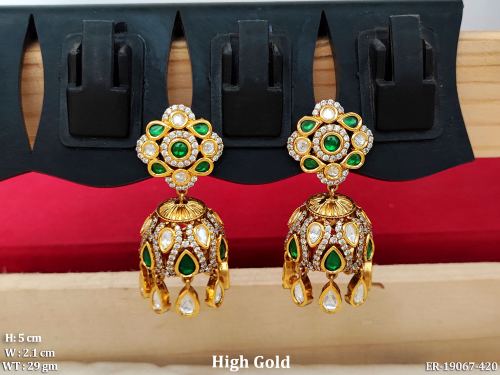 Stone-Studded Kundan Jhumkas for Women in Green, photo 2 of 4