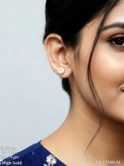 White Kundan Ear Cuff Stud Earrings with Stone Work