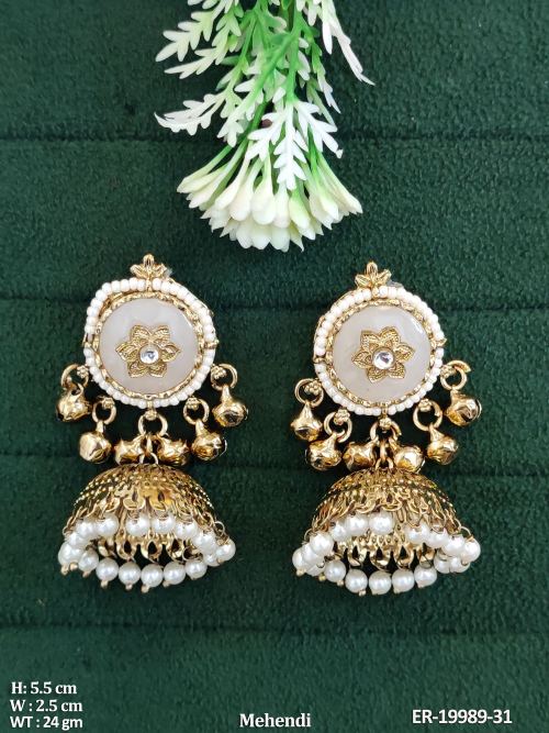 Pearl Jhumka Earrings in Mehendi Finish in White, photo 6 of 7