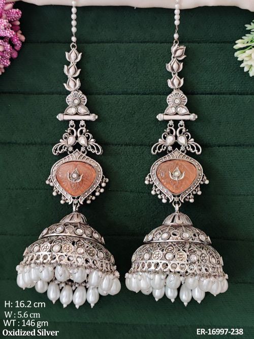Oxidised Pearl Jhumka Earrings with Ear Chains in Peach, photo 3 of 5