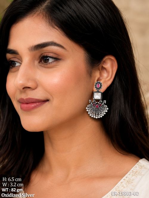Oxidised Finish Stone-Studded Earrings for Women Set of 4