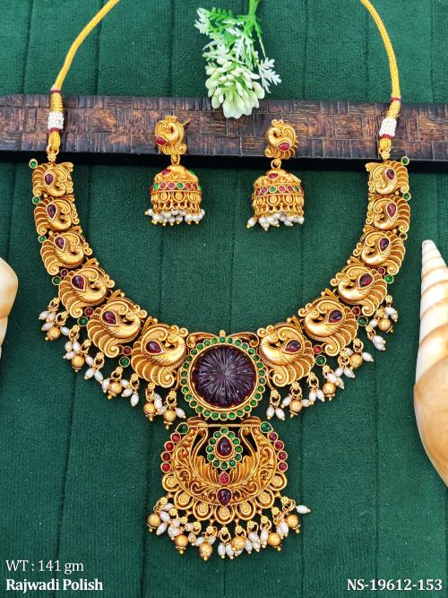 Rajwadi Finish Stone-Studded Necklace Set with Peacock Design in Ruby Green, photo 2 of 5