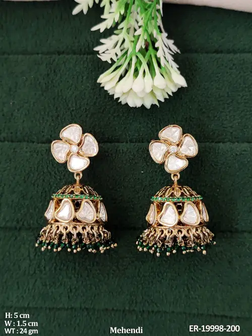 Kundan Stone-Studded Jhumka Earrings in Mehendi Finish