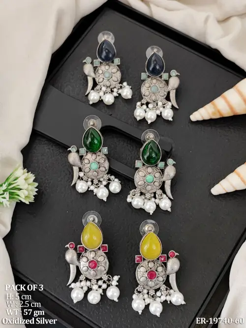 Bird Motif Oxidised Finish Stone-Studded Earrings