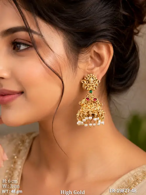 Temple Lakshmi Jhumka Earrings with Stone Work