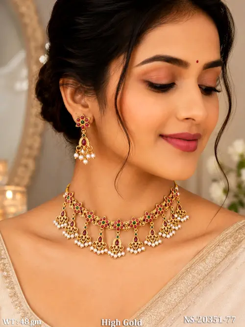 Traditional Temple Style Pearl Necklace Set for Women