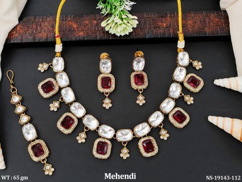 Mehendi Finish Stone-Studded Jewellery Set for Women in Ruby, photo 4 of 5