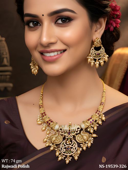 Stone-Studded Lakshmi Necklace Set in Rajwadi Finish