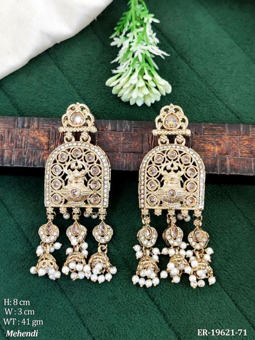 Traditional Stone-Studded Jhumka Earrings in Mehendi Finish in Transparent Yellow, photo 10 of 14