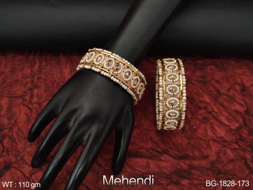 Bangles with Pearls in Mehendi Finish Set of 2