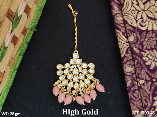 Classic Party Wear Kundan Tikka in Peach, photo 3 of 4
