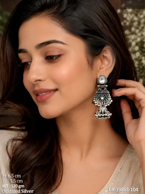 Oxidised Finish Stone-Studded Jhumka Earrings for Women Set of 4