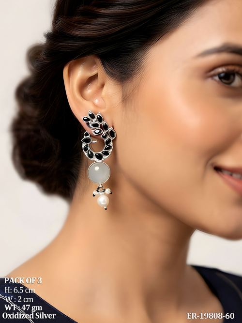 Party Wear Oxidised Finish Earrings for Women Set of 3