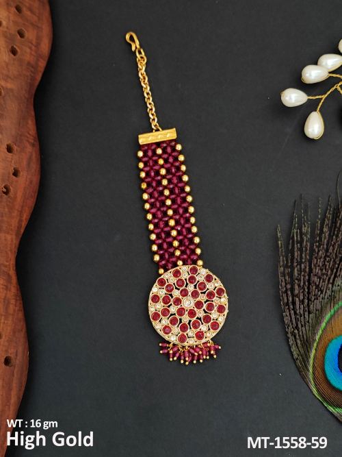 Stone-Studded Antique Maang Tikka in Ruby, photo 4 of 9