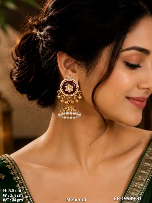 Pearl Jhumka Earrings in Mehendi Finish
