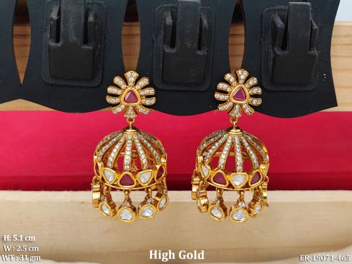 Bridal Kundan Jhumka Earrings with Stone Work in Ruby, photo 3 of 5